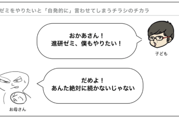 「進研ゼミをやりたいと『親御様に』言わせてしまうチカラ」を示すマンガ。子が「お母さん！進研ゼミ、僕もやりたい！」と頼み、母親が「だめよ！あんた絶対に続かないじゃない」と答えている