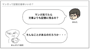 解説スライド「マンガって記憶定着率いいの？」。「マンガ見てたら文章よりも記憶に残るの？」という問いに、まんがたり前田が「そんなことがあるのだろうか・・・」と応じている図