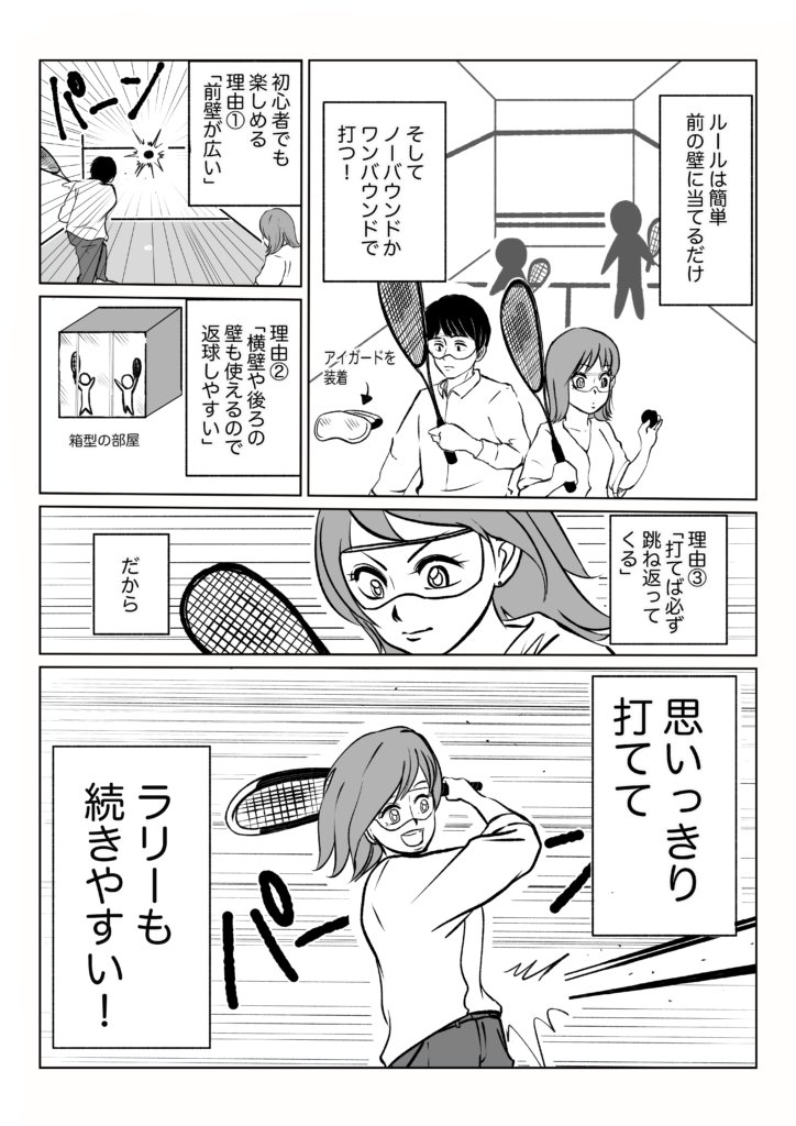 公益社団法人日本スカッシュ協会様のPR漫画「初めてスカッシュをやってみたら…」 白黒版 2ページ目。カラー版と同じ内容で、ルールの簡単さと初心者でも楽しめる3つの理由を解説している