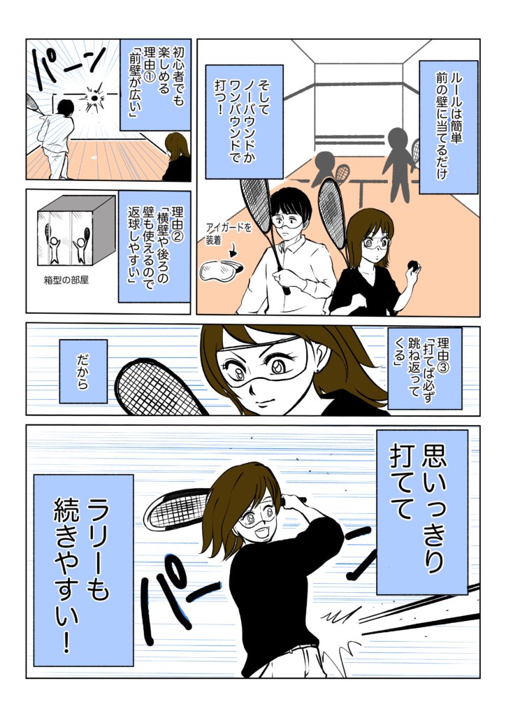 公益社団法人日本スカッシュ協会様のPR漫画「初めてスカッシュをやってみたら…」 カラー版 2ページ目。ルールは前の壁に当てるだけで、ノーバウンドかワンバウンドで打つと説明。初心者でも楽しめる理由として①前壁が広い ②横壁や後ろの壁も使えるので返球しやすい ③打てば必ず跳ね返ってくる の3点を挙げ、「思いっきり打ててラリーも続きやすい！」とまとめている