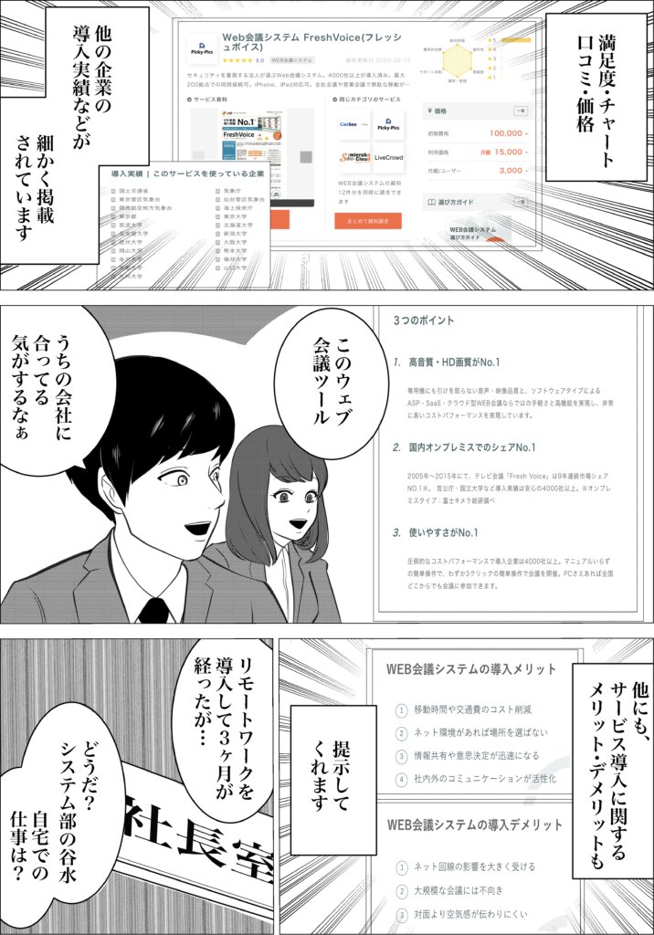 スマートキャンプ株式会社様「ボクシル」向け広告マンガ(PC・スマホ対応事例) 4ページ目。他社の導入実績や口コミも掲載されていることを確認し、システム導入のメリットをまとめて社長へ提案する場面