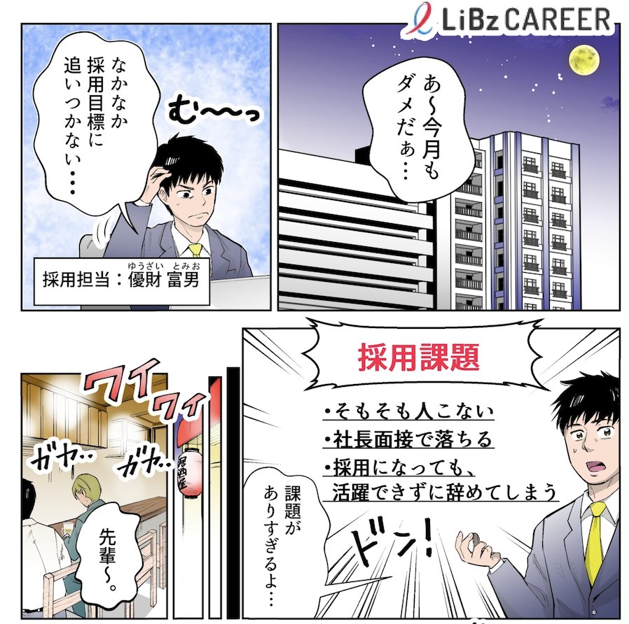 株式会社LiB様「LiBz CAREER」の広告マンガの抜粋。採用担当の優財富男が「なかなか採用目標に追いつかない…」「あ〜今月もダメだぁ…」と悩み、採用課題として「そもそも人こない」「社長面接で落ちる」「採用になっても、活躍できずに辞めてしまう」の3点が挙げられる場面