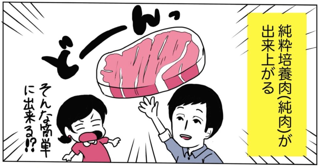 SHOJINMEAT Project様の紹介マンガ「牛を殺さなくても牛肉が食べれる時代がくる!?」 2ページ目より、細胞を培養して「純粋培養肉(純肉)が出来上がる」場面。ステーキ肉のイラストとともに「そんな簡単に出来る!?」と驚く抜粋コマ