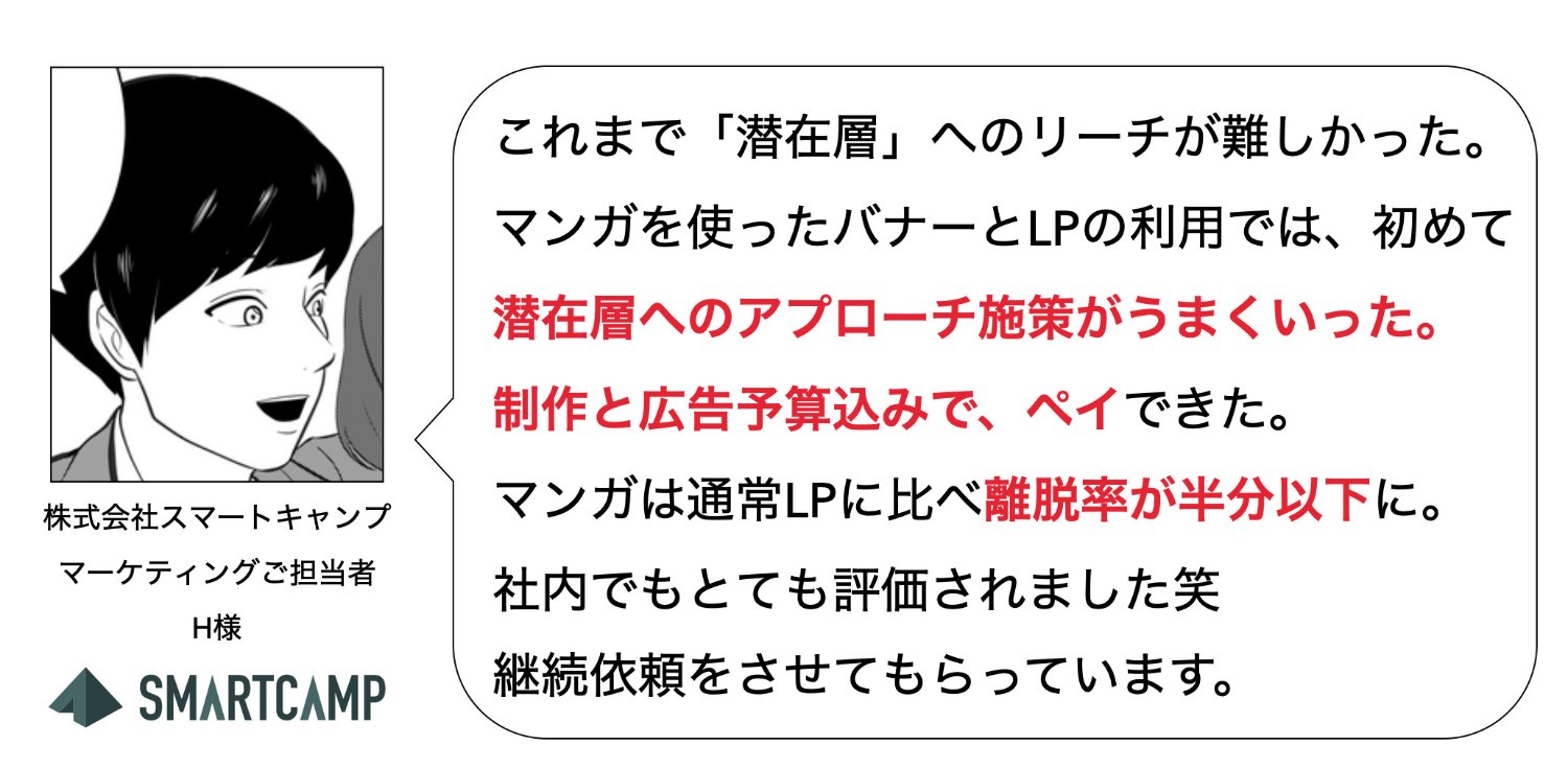 株式会社スマートキャンプ様マーケティングご担当者H様のコメント。「これまで潜在層へのリーチが難しかった。マンガを使ったバナーとLPの利用では、初めて潜在層へのアプローチ施策がうまくいった。制作と広告予算込みでペイできた。マンガは通常LPに比べ離脱率が半分以下に。社内でもとても評価され、継続依頼をさせてもらっています」