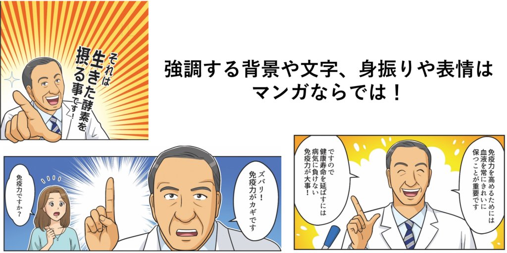 統医研アソシエイツ株式会社様の機能性食品「酵素新時代」の広告マンガ第二弾「免疫力を高めて健康寿命を延ばそう！編」 より、「それは生きた酵素を摂る事です！」と力強く指を差す郷先生のコマと、「免疫力ですか？」と驚く聞き手のコマの抜粋。マンガならではの表情と効果線による訴求ポイントの強調例として示されている